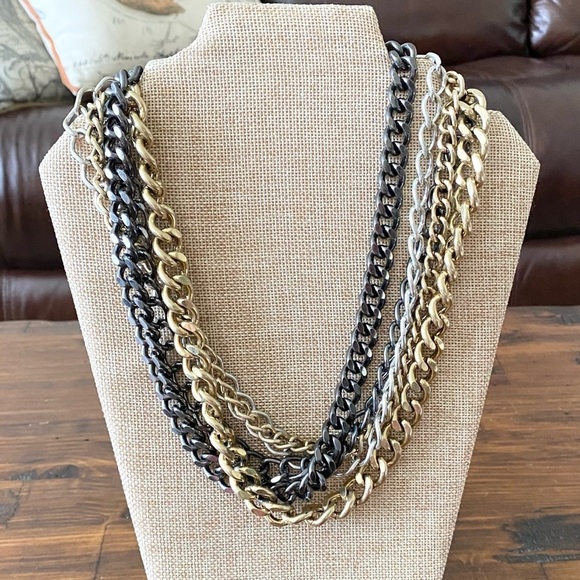 Betsey Johnson Layered Tri Tone Mixed Metal Chain Necklace Gold Silver Gunmetal - Picture 1 of 8